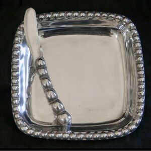 NWT SET Cheese Knife & Tray‎ Cast Aluminum, 7.5" Square, Beaded Edge Made Mexico